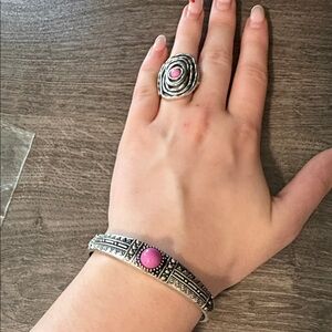 Silver-Tone Pink Stone Bracelet and Ring Set